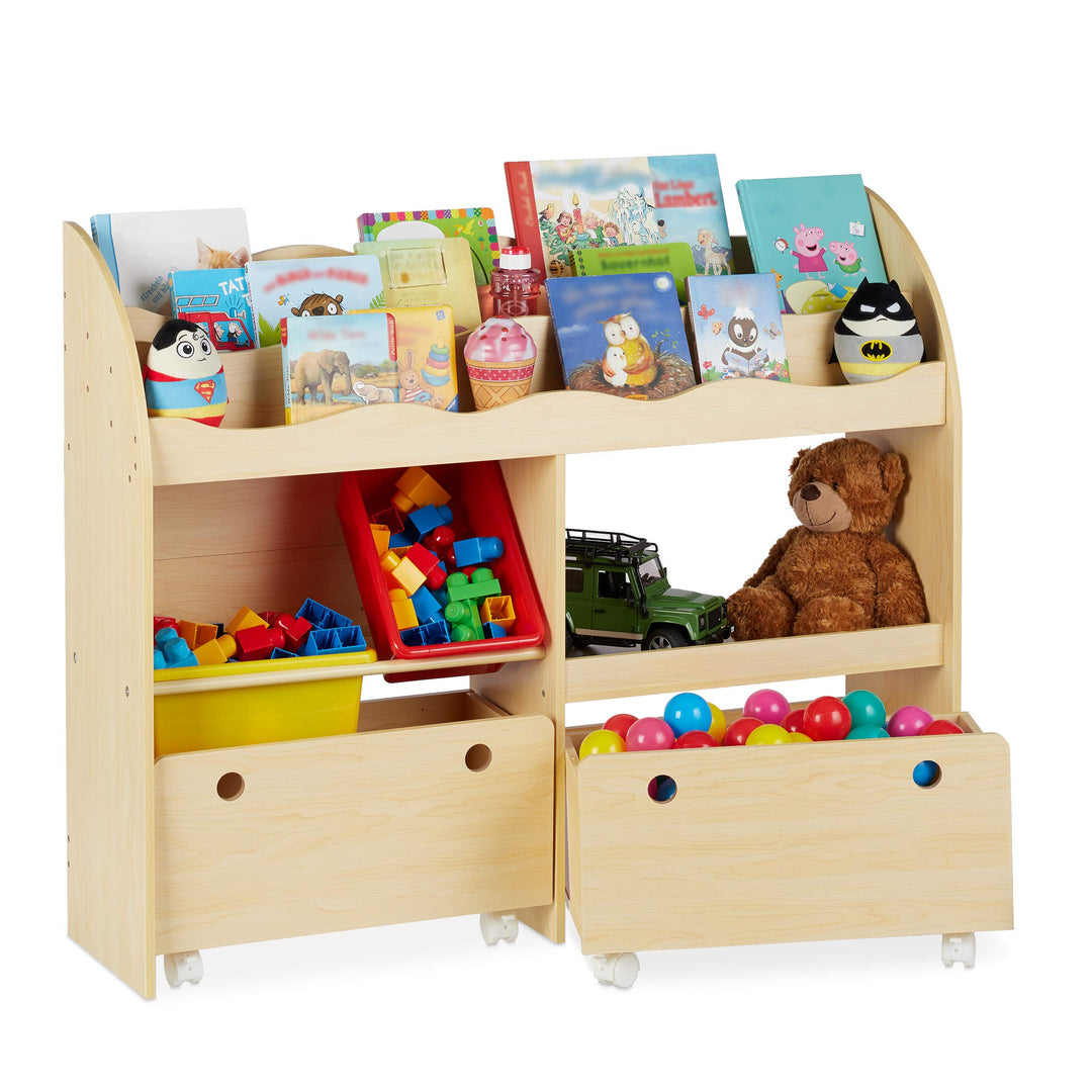 Relaxdays Kinderregal, Spielzeug Aufbewahrung, Kunststoff Boxen, Bücherregal, MDF, HxBxT: 88 x 108 x