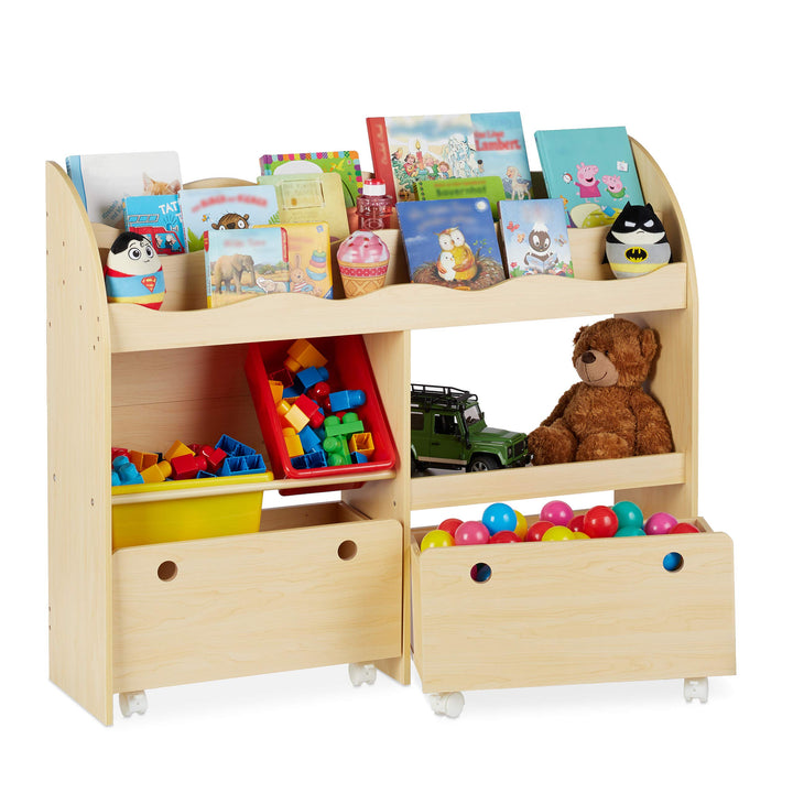 Relaxdays Kinderregal, Spielzeug Aufbewahrung, Kunststoff Boxen, Bücherregal, MDF, HxBxT: 88 x 108 x