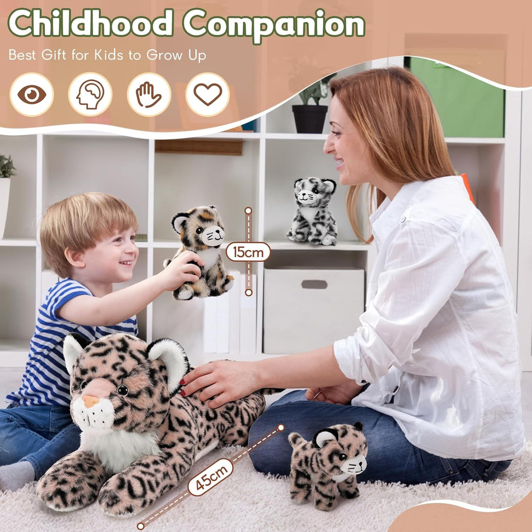 MorisMos 45cm riesen Leopardo Kuscheltier XXL mit 3 Baby im Bauch, gross liegend Plüsch Leopard XXL,