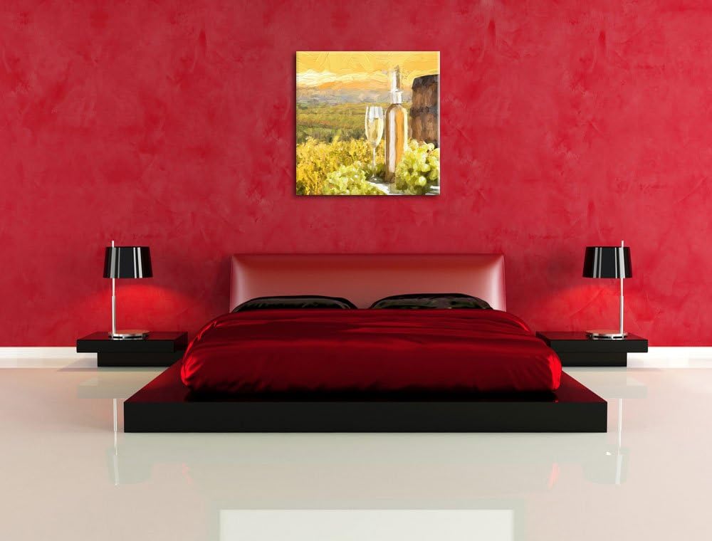 Pixxprint Weinreben mit Weinflasche und Fass Pinsel Effekt, Format: 70x70 auf Leinwand, 70x70