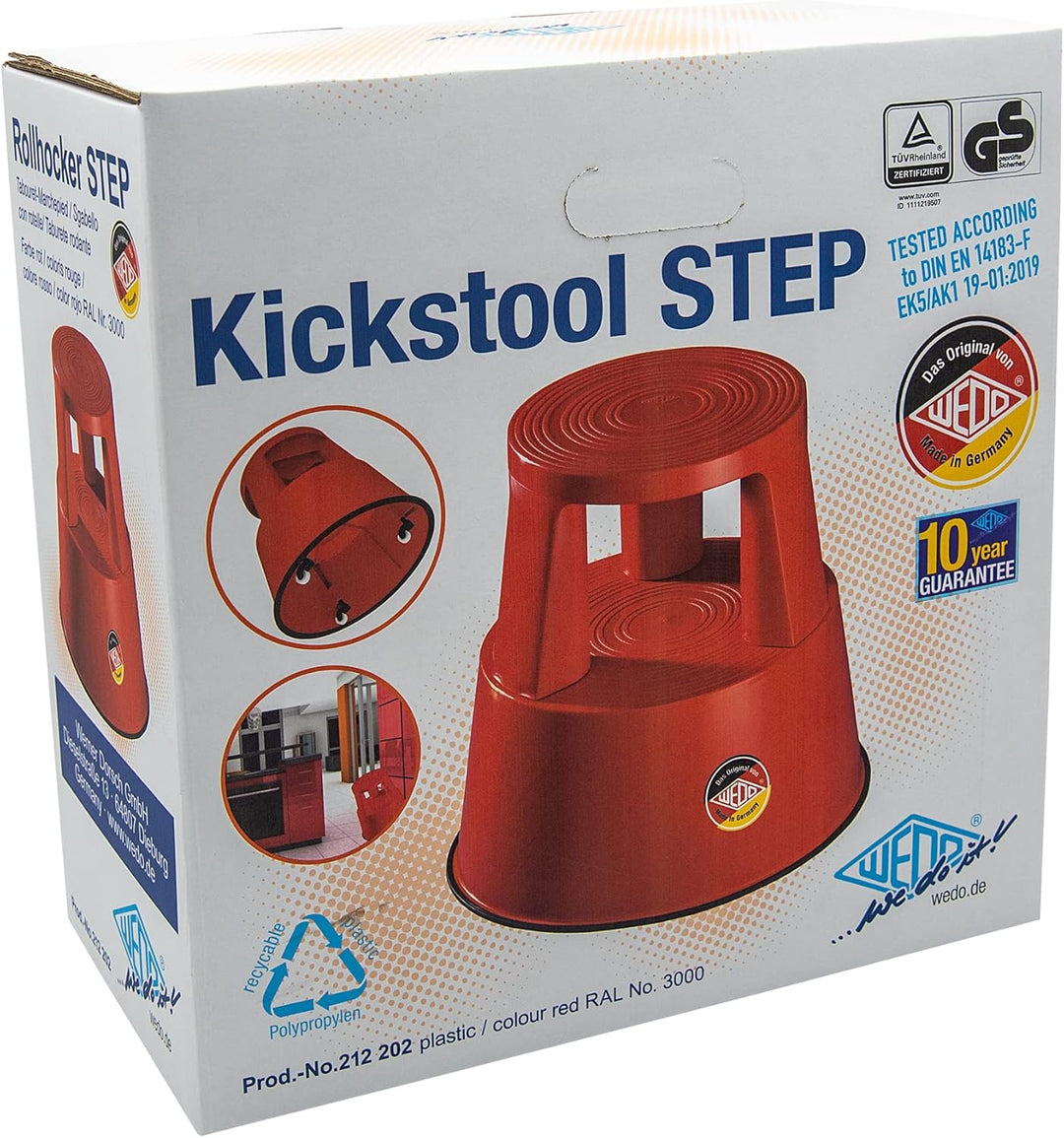 Wedo Rollhocker Step aus Kunststoff, bruchfest, rollbarer Tritthocker, TÜV-geprüft, Made in Germany,