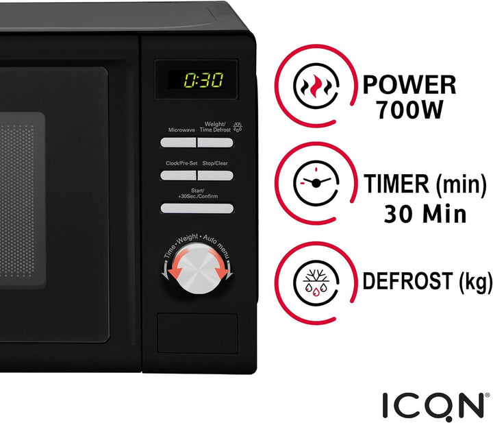 ICQN Mikrowelle, Solo-Mikrowelle, 20 L, 700 W, 5 Leistungsstufen, 8 Automatikprogramme, Gewicht und