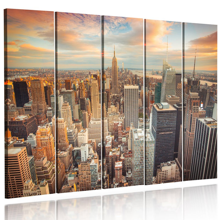 Feeby Bilder 5 Teile XXL New York Sonnenuntergang Typ C 250x120 cm Wohnzimmer Schlafzimmer Büro Flur