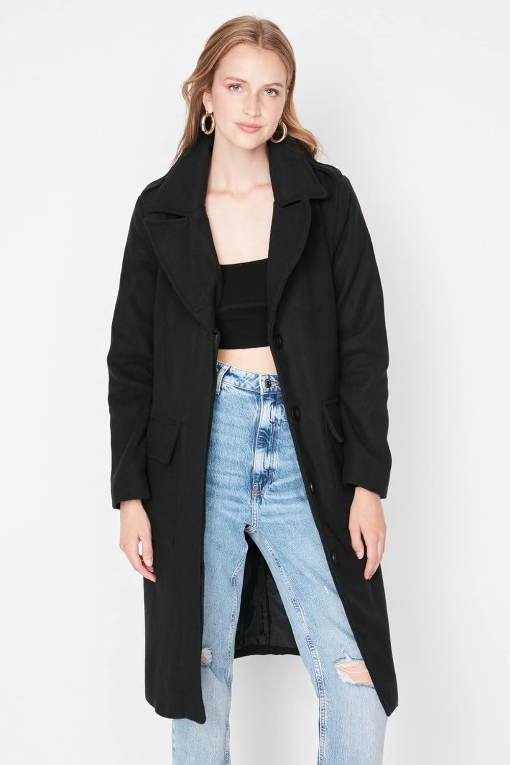 TRENDYOL Damen Trendyol Damen Regular Bikerjacken Plain Webstoff Mantel Coat, Schwarz, 40 EU