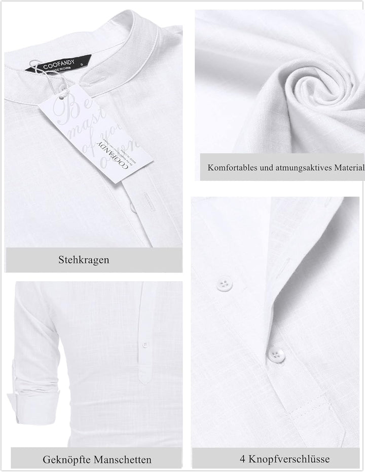 COOFANDY Herren Hemd Langarm Henley Shirt Leinenhemd Baumwolle Casual Regular Fit Sommerhemd S Weiss