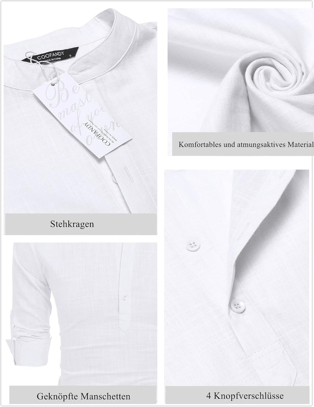 COOFANDY Herren Hemd Langarm Henley Shirt Leinenhemd Baumwolle Casual Regular Fit Sommerhemd Weiss M