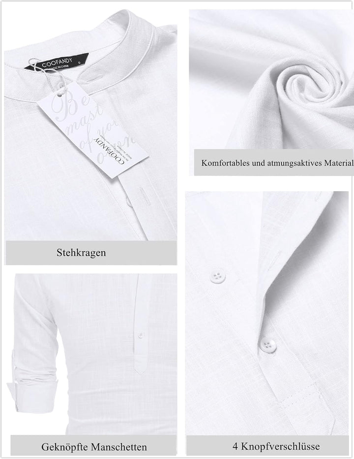 COOFANDY Herren Hemd Langarm Henley Shirt Leinenhemd Baumwolle Casual Regular Fit Sommerhemd Weiss M