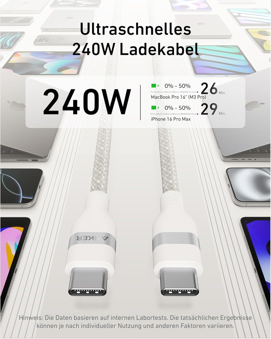 Anker Nano USB C auf USB C Kabel, 240W 1,8m flexibel farbig geflochten, USB C Schnellladekabel Typ C