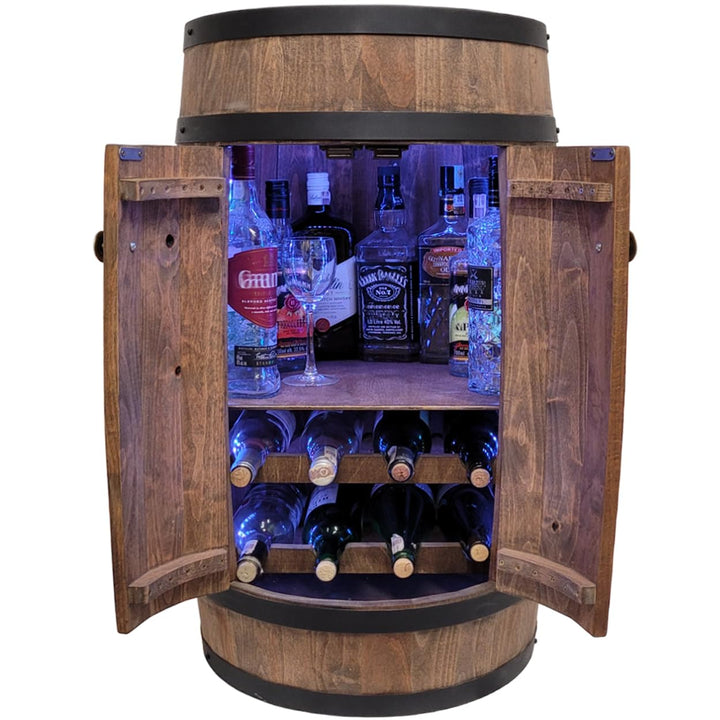 weeco Fassbar mit Tür und Weinregal RGB LED Beleuchtung, Hausbar Weinrack 80x50cm. Rustikaler deko B