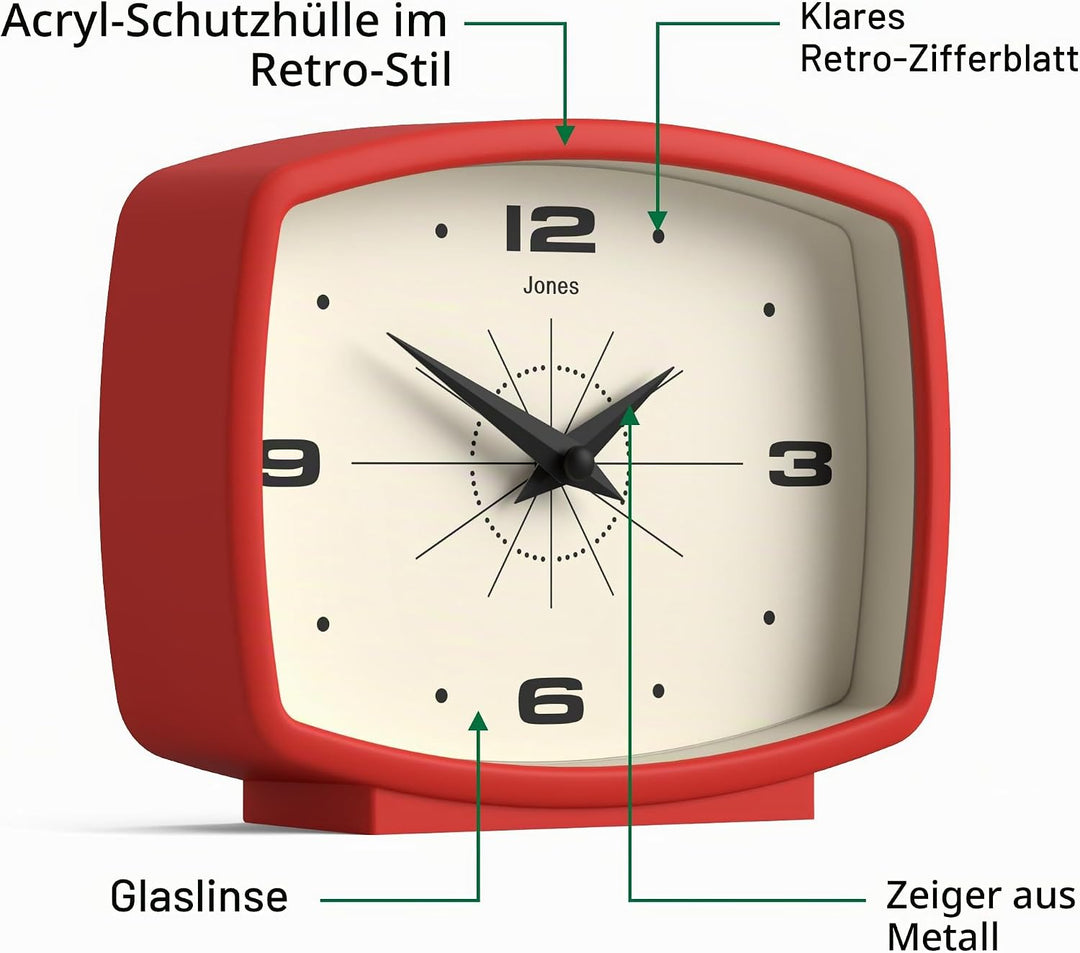 JONES CLOCKS® Film Schreibtischuhr | Rechteckiges retrodesign | Rot | Midcentury Stil mit modernem F