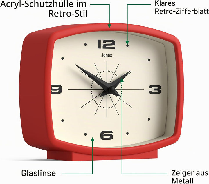JONES CLOCKS® Film Schreibtischuhr | Rechteckiges retrodesign | Rot | Midcentury Stil mit modernem F