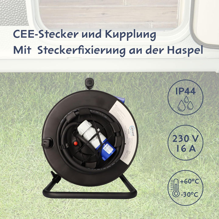 cartrend Explorer CEE Kabeltrommel mit 1 CEE-Stecker und 1 CEE-Kupplung, Verlängerungsleitung für da