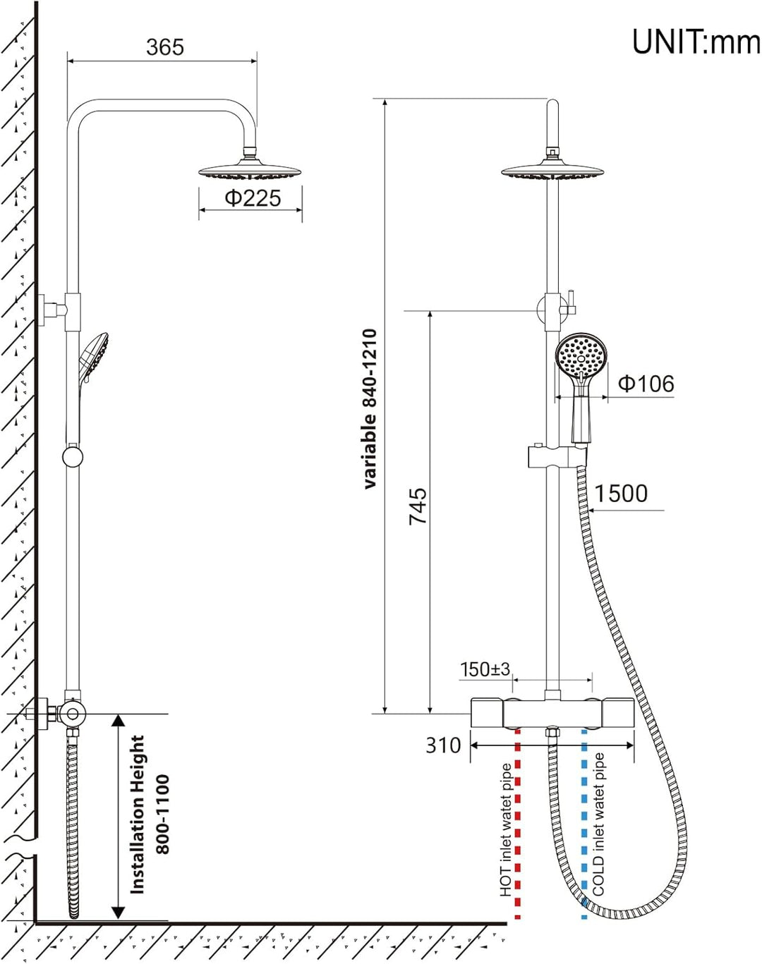 Duschsystem mit Thermostat, Auralum Regendusche mit Armatur aus Edelstahl Höhenverstellbar 92-122cm,