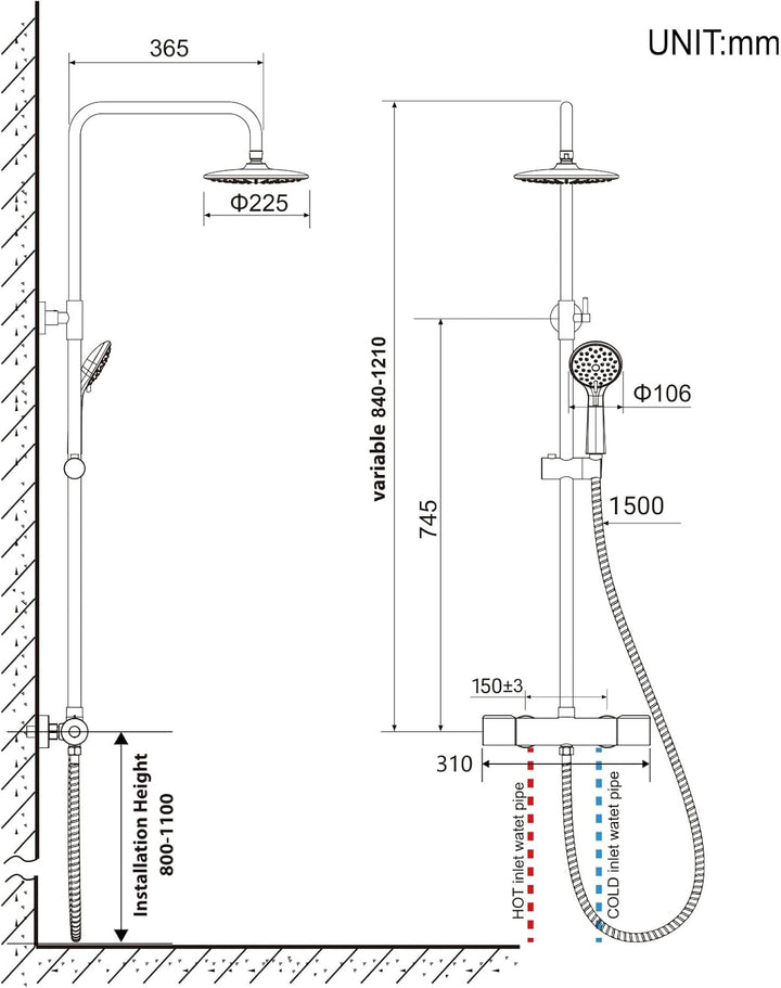 Duschsystem mit Thermostat, Auralum Regendusche mit Armatur aus Edelstahl Höhenverstellbar 92-122cm,
