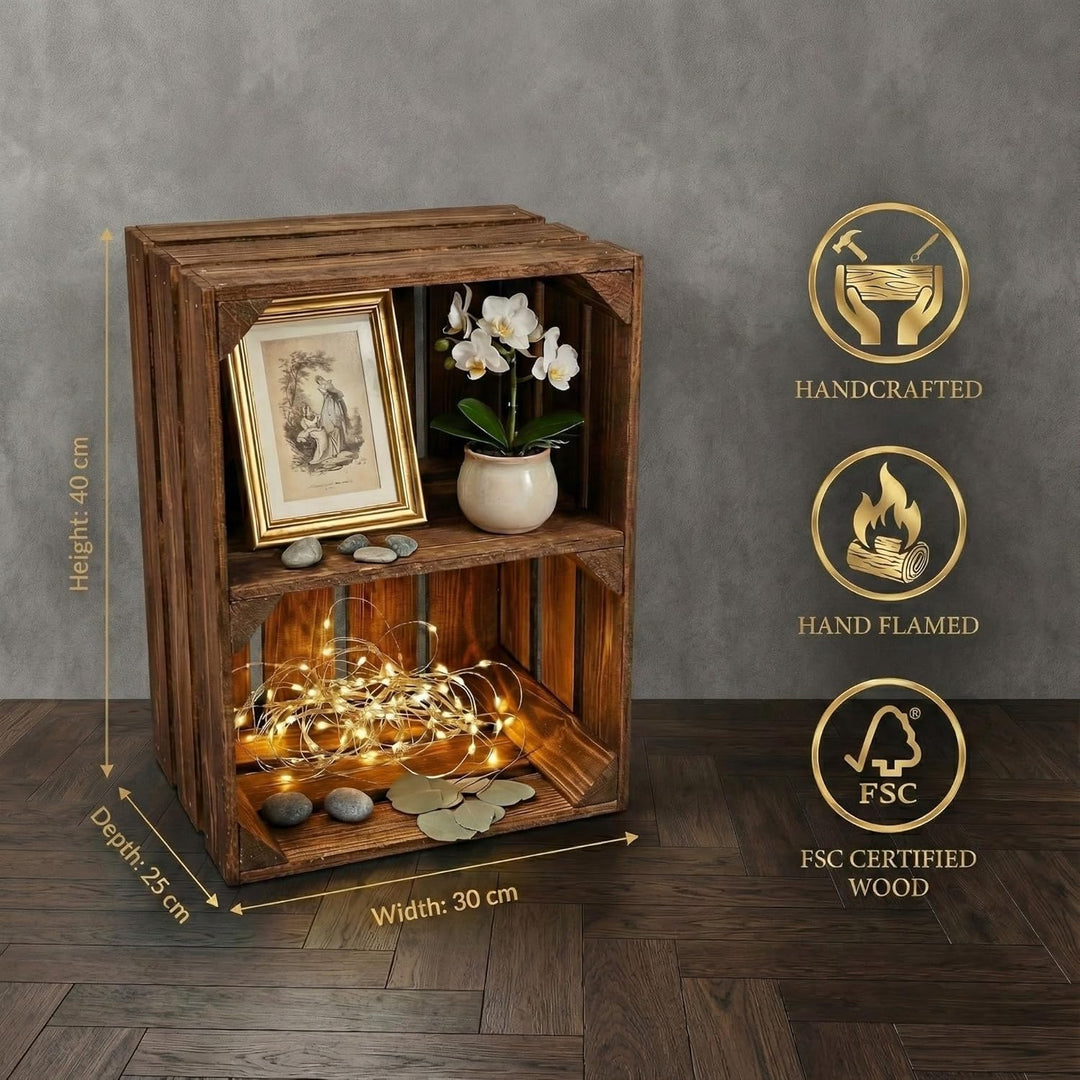 Teramico Vintage Holzkisten 40 x 30 x 25cm geflammt | Weinkisten &amp; Obstkisten | Set-Angebote (3er Se