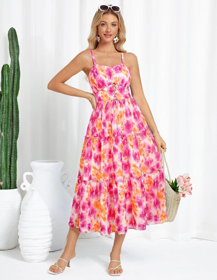 GRACE KARIN Damen Sommerkleid A-Linie Blumenkleid Casual Strandkleid Trägerkleid Midi Boho Kleid Fre
