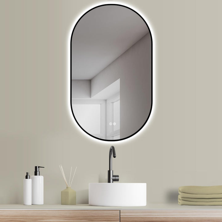 HOKO Design LED ANTIBESCHLAG Spiegel oval 45 x 75 cm + Metall Rahmen Schwarz. HOCH + QUER Montage. B