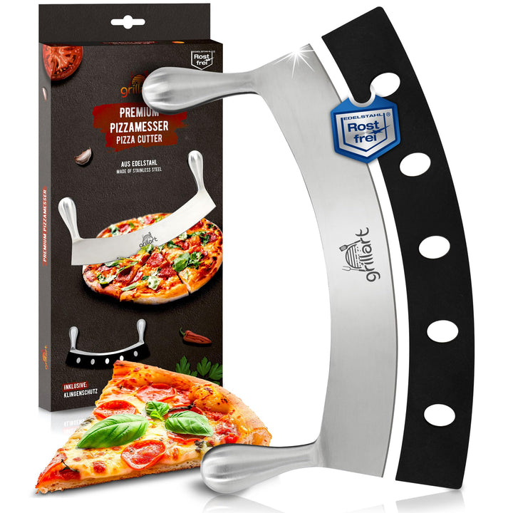 grillart® Premium Pizzamesser – Extra scharfer Edelstahl Pizzaschneider mit 30 cm Klinge & Doppelgri