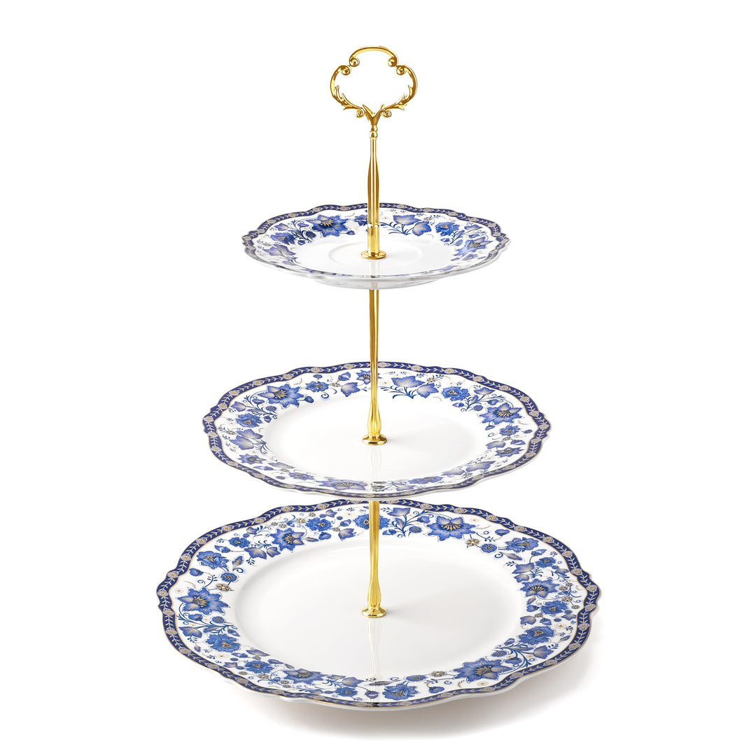 fanquare 3-Stufig Etagère Porzellan Cupcake Ständer mit Metallstreben,Blau Blumen Vintage Tortenstän