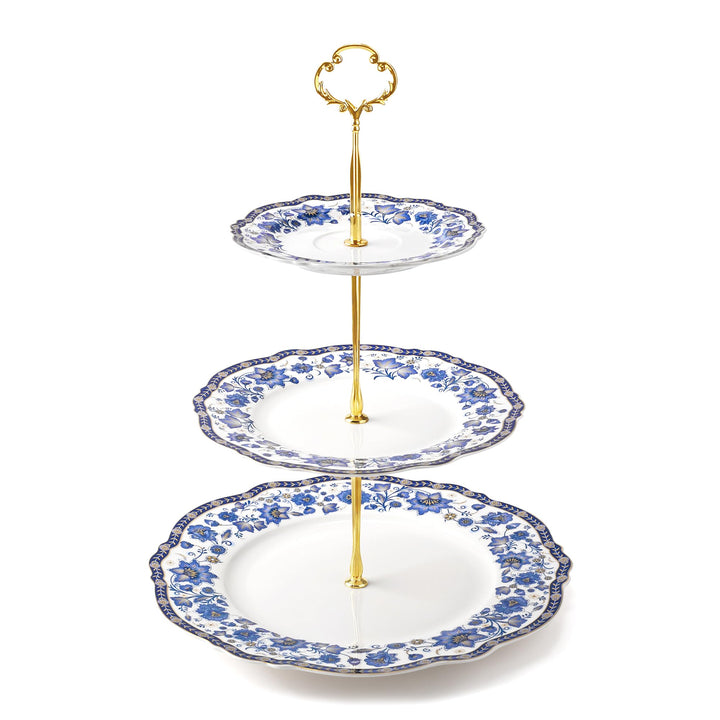 fanquare 3-Stufig Etagère Porzellan Cupcake Ständer mit Metallstreben,Blau Blumen Vintage Tortenstän