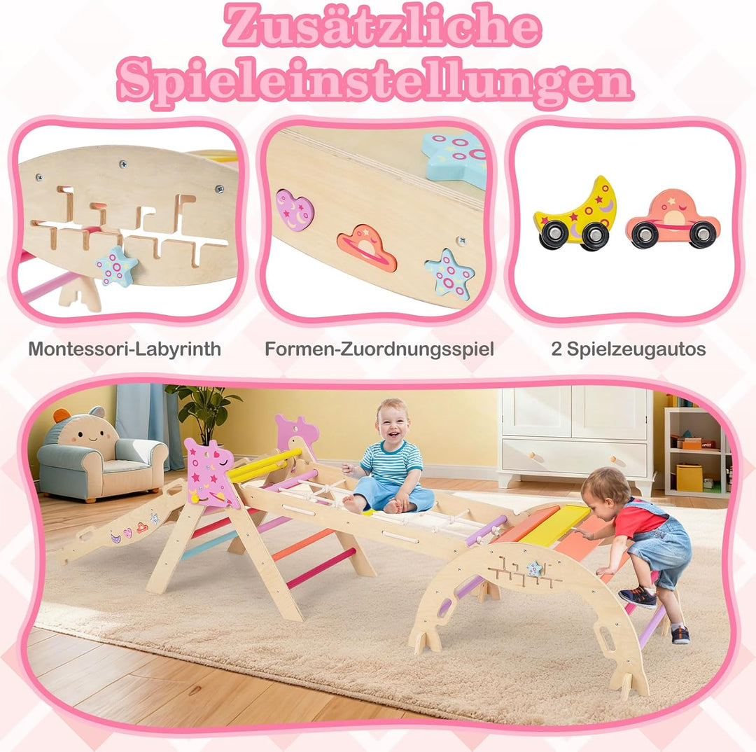 COSTWAY Klettergerüst Indoor 4er Set, klappabres Kletterdreieck mit Rutsche, Kletterbogen, Netz, ink