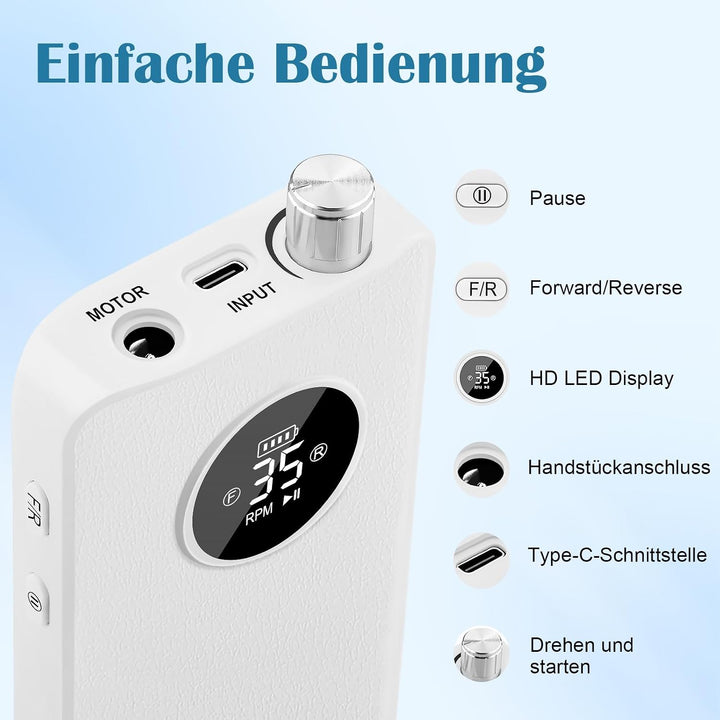 Nagelfräser 35000RPM für Gelnägel, Wiederaufladbarer Elektrischer Nagelfräser mit LED-Anzeige, Tragb