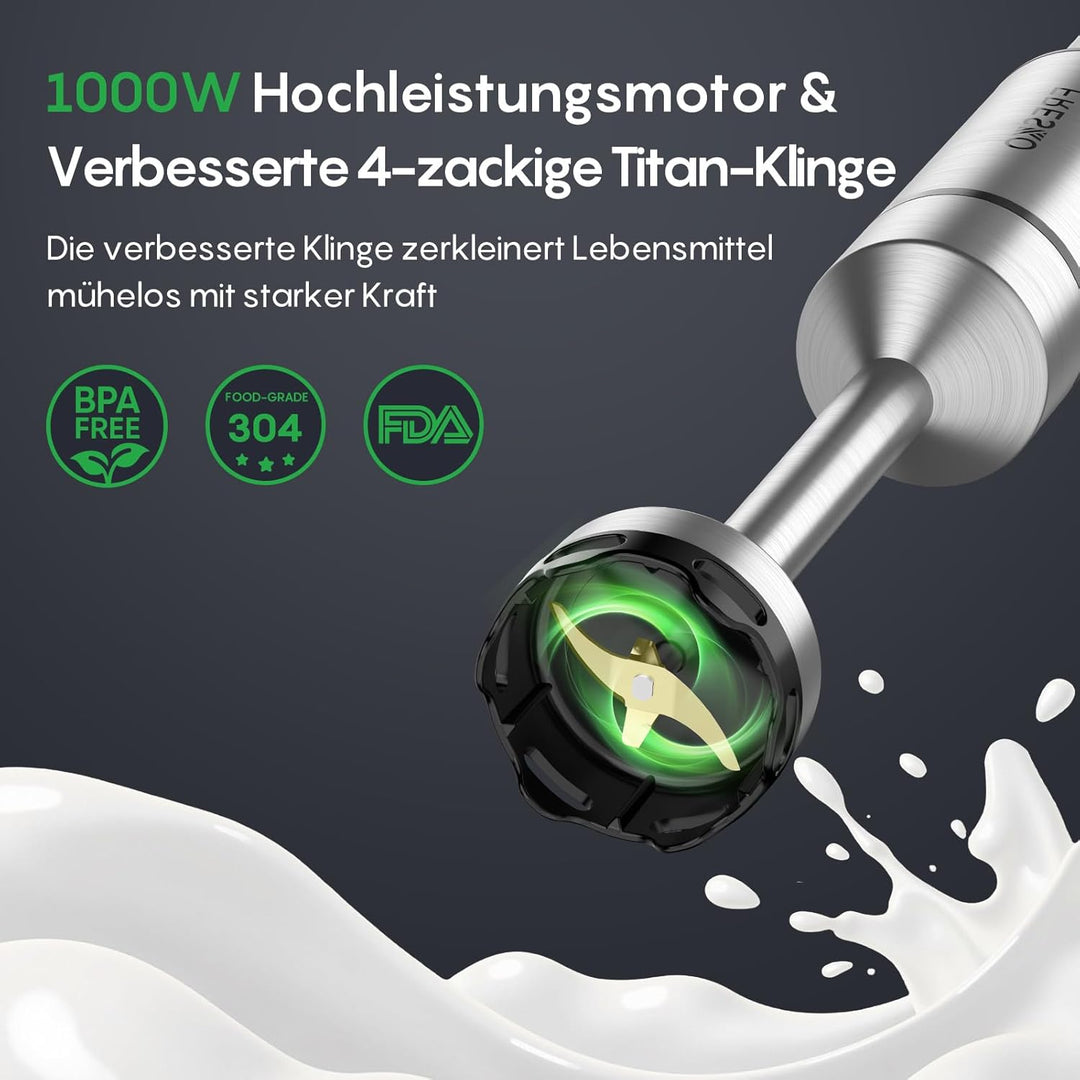 FRESKO Stabmixer 1000W, Pürierstab Edelstahl mit Schutzhülle für Kochgeschirr, Stufenlos Geschwindig