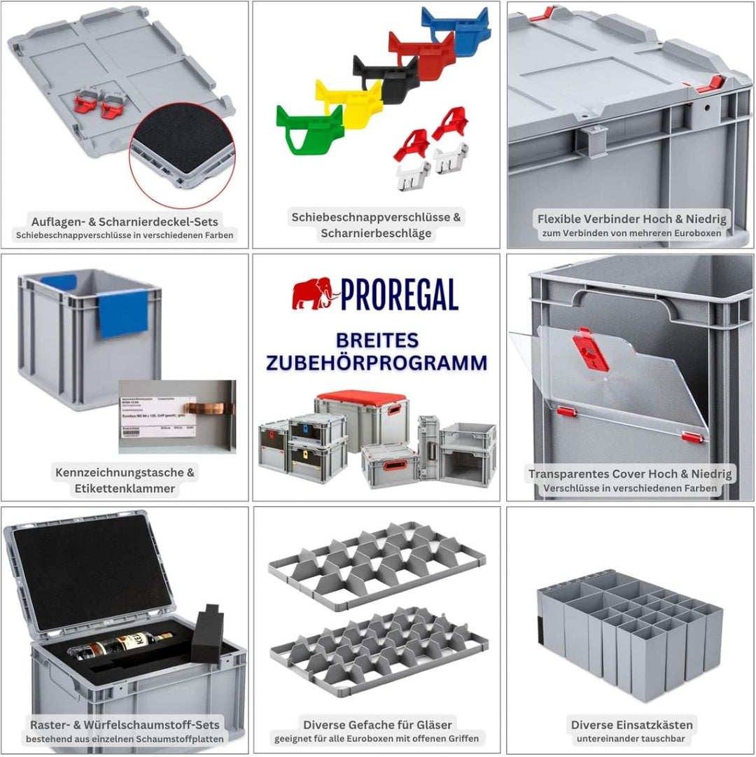 PROREGAL SparSet 5x Eurobox NextGen Grip mit Auflagedeckel &amp; 4 blauen Schiebeschnappverschlüssen, Hx