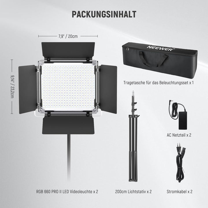 NEEWER 2X Verbesserte 660 PRO II 50W RGB LED Videoleuchte Panel Set Stative Ständer mit App Steuerun