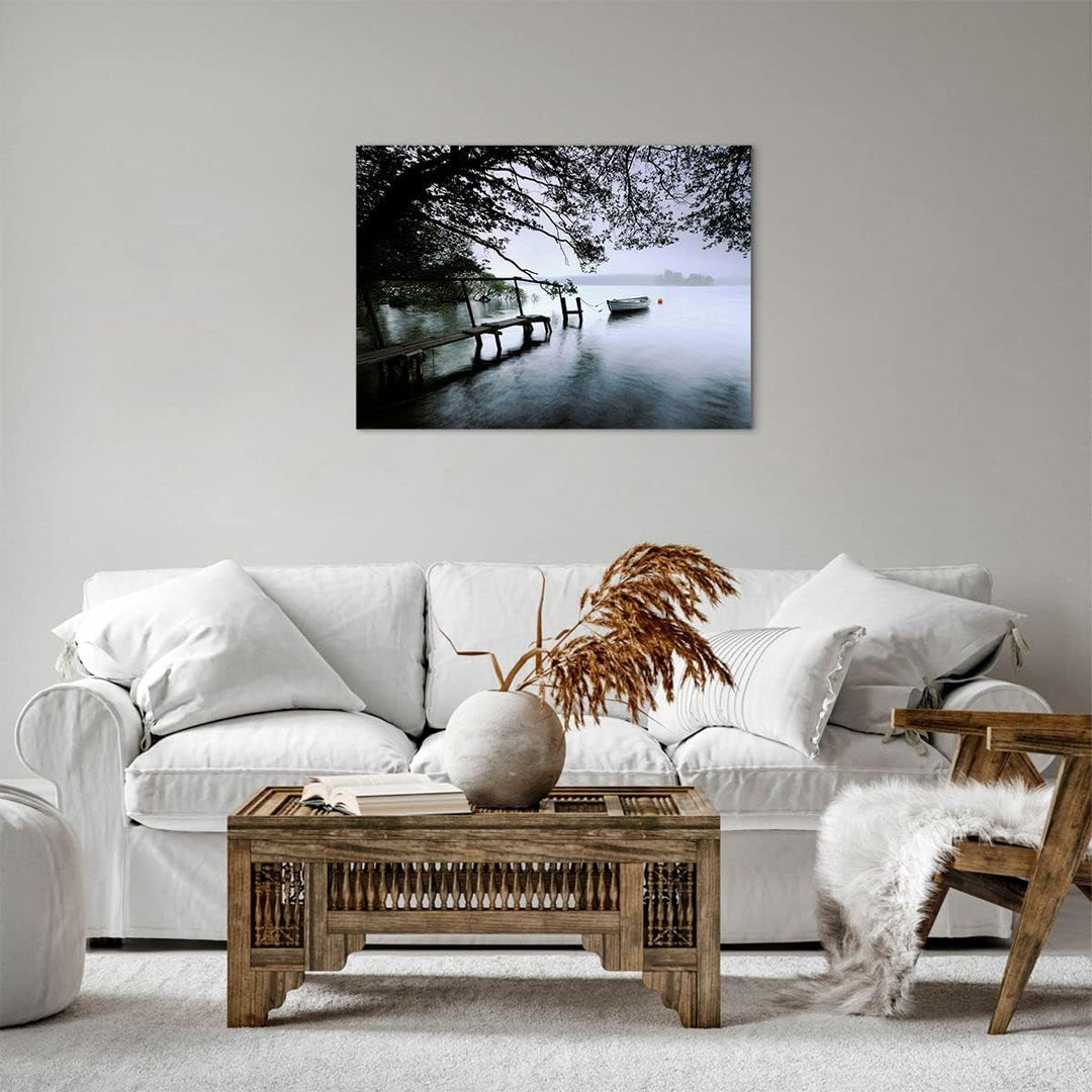 Bilder auf Leinwand See Dock Boot Bäume Leinwandbild mit Rahmen 70x50cm Wandbilder Dekoration Wohnzi