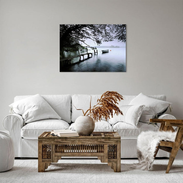 Bilder auf Leinwand See Dock Boot Bäume Leinwandbild mit Rahmen 70x50cm Wandbilder Dekoration Wohnzi