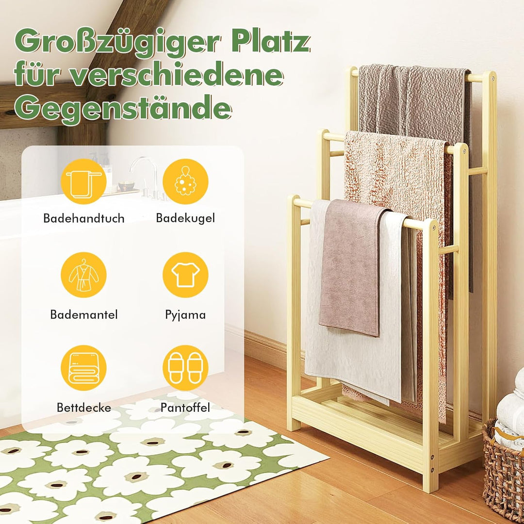 COSTWAY Handtuchständer freistehend, Handtuchhalter Holz mit 3 Handtuchstangen & unterer Ablage & Ki