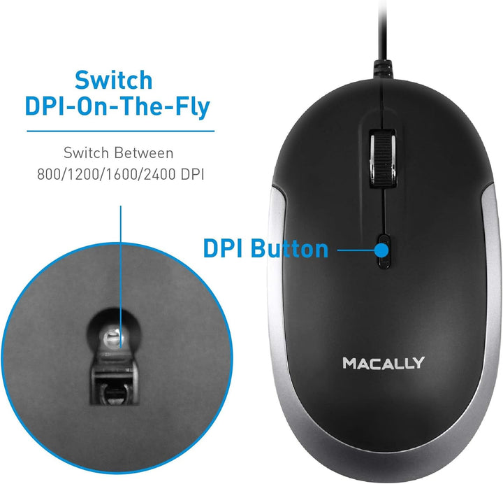 Macally DYNAMOUSE, MacBook Maus mit 3 Tasten und Scrollrad, optisch mit Kabel, Mouse für USB-A Noteb
