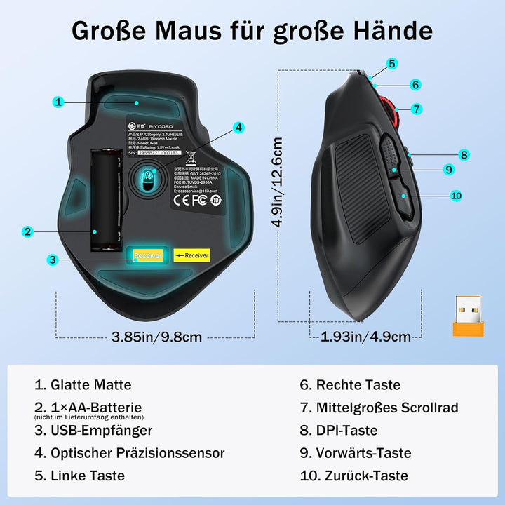 E-Yooso kabellose Maus für Mittelgrosse bis Grosse Hände, ergonomische Funk-Computermaus, 6 Tasten,