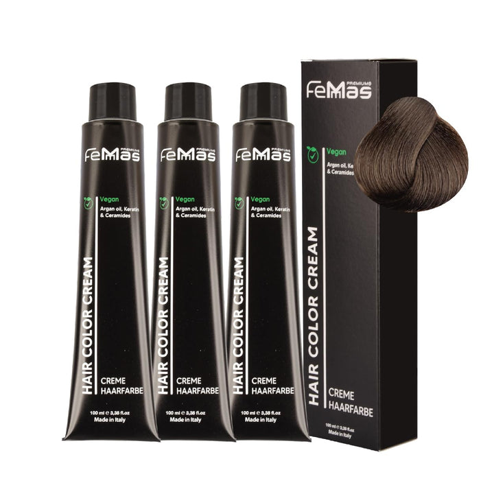 FemMas Haarfarbe 3x Hellbraun Intensiv 5.0 I Creme Haarfarbe mit Arganöl, Keratin & Ceramiden I Als
