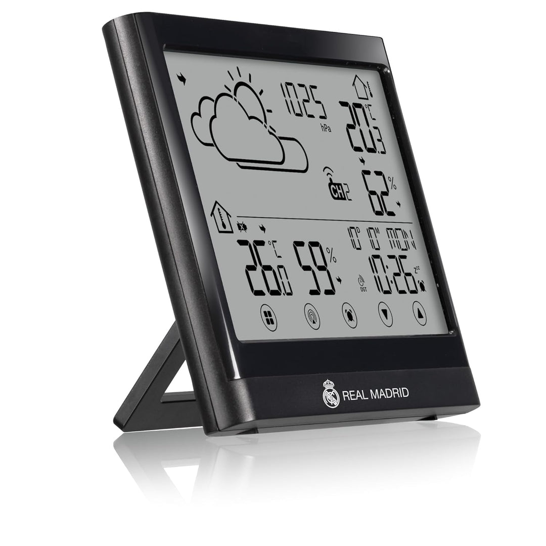 Real Madrid Wetterstation mit Aussensensor, Touch-Display, Frostwarnung, DCF-Signal, Weiss