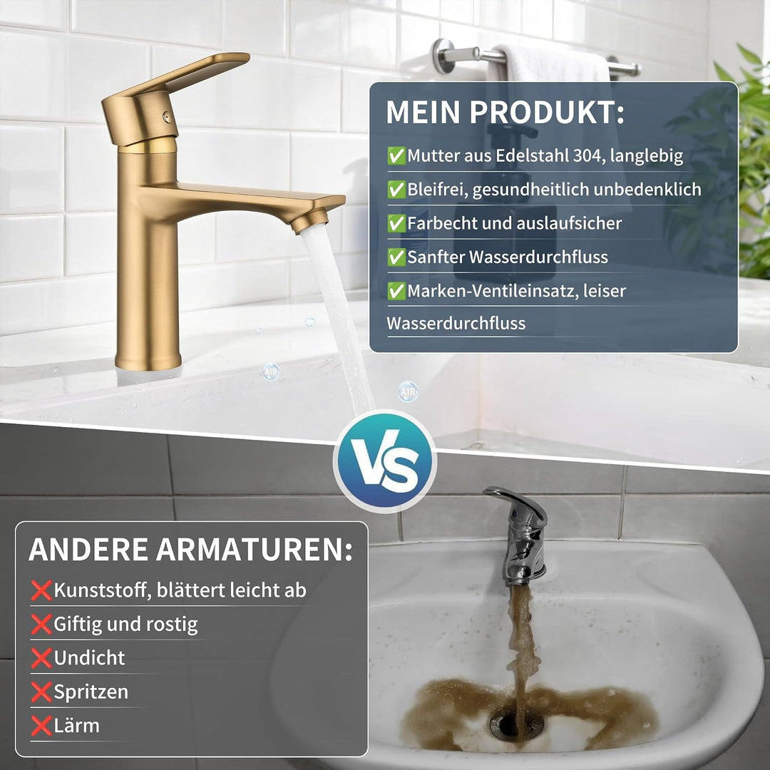 HOMELODY Wasserhahn Bad Gold Bleifreie Sicherheit Mischbatterie Waschbecken, Gold