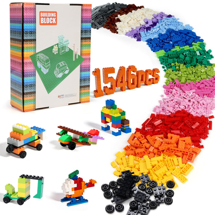 Lekebaby Classic Building Bricks Set, 1546 Teile Basic Building Blocks mit Rädern, STEM Creative Kom