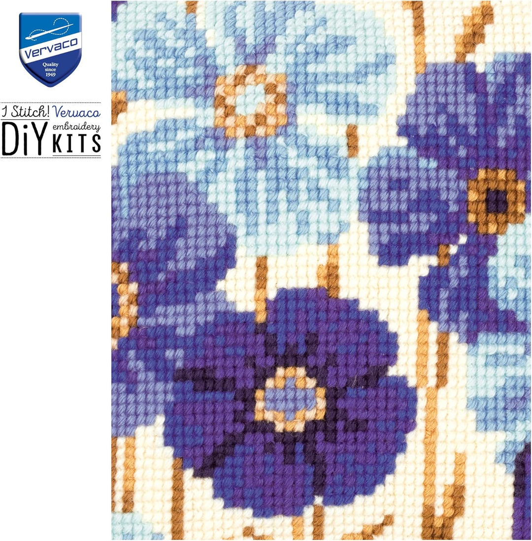 Vervaco VER Kreuzstichkissen Anemonen in Blau, Baumwolle, Mehrfarbig, 40 x 40 x 0.3 cm