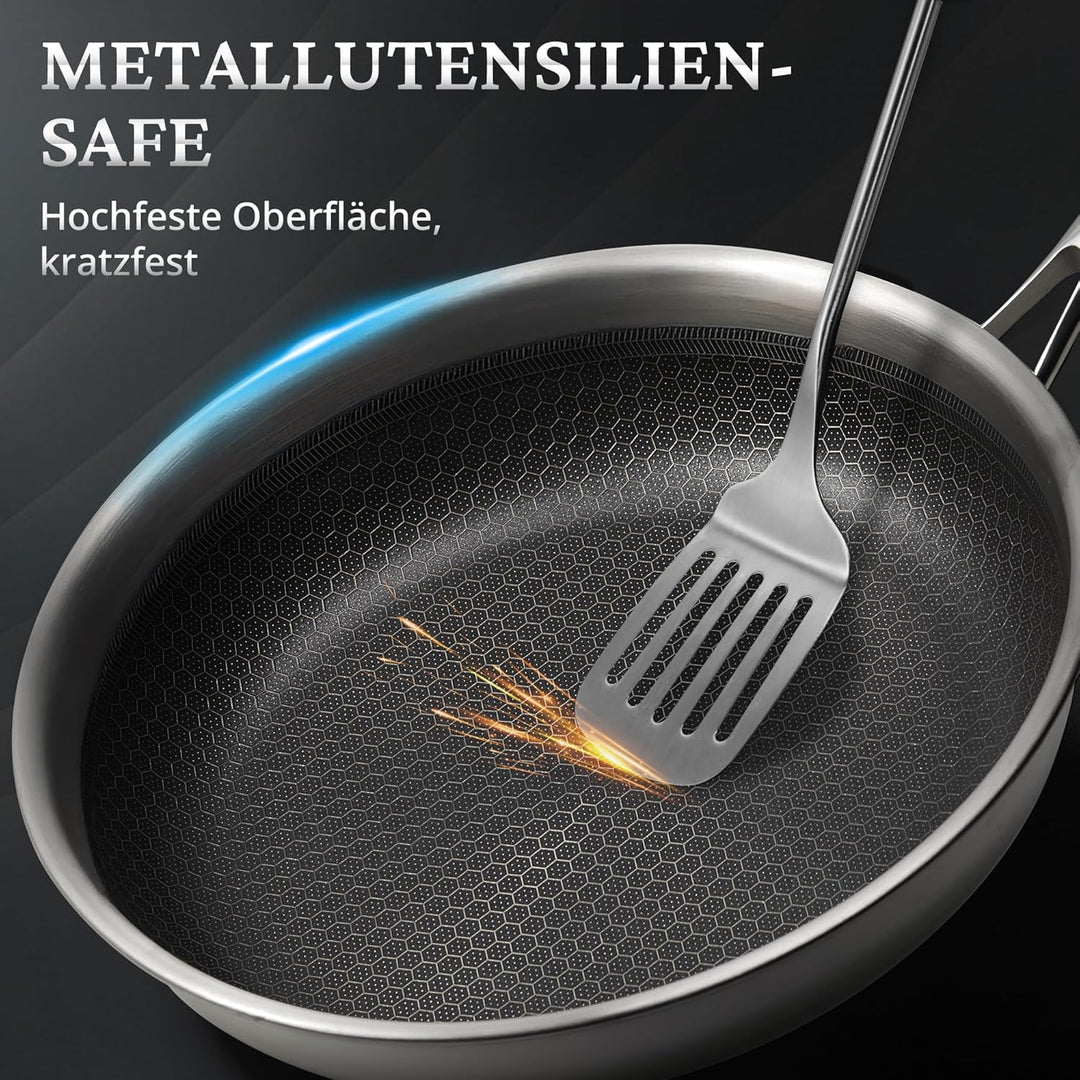 KOKHUB 28 cm Bratpfanne mit Deckel Induktion, Tri-Ply Edelstahl Hybrid Wabenstruktur Antihaft Pfanne