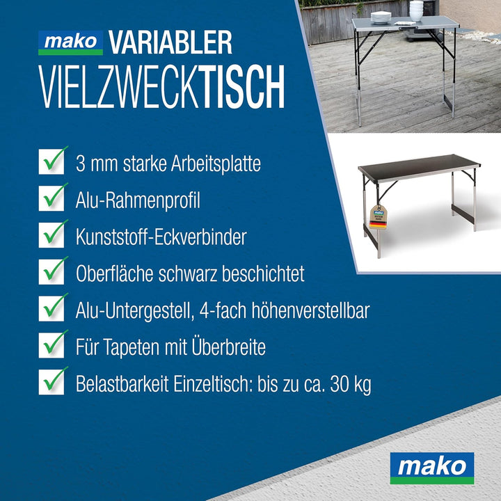 mako Multifunktionstisch Profi – Höhenverstellbarer Mehrzwecktisch 60 x 100 cm - Campingtisch, Klapp