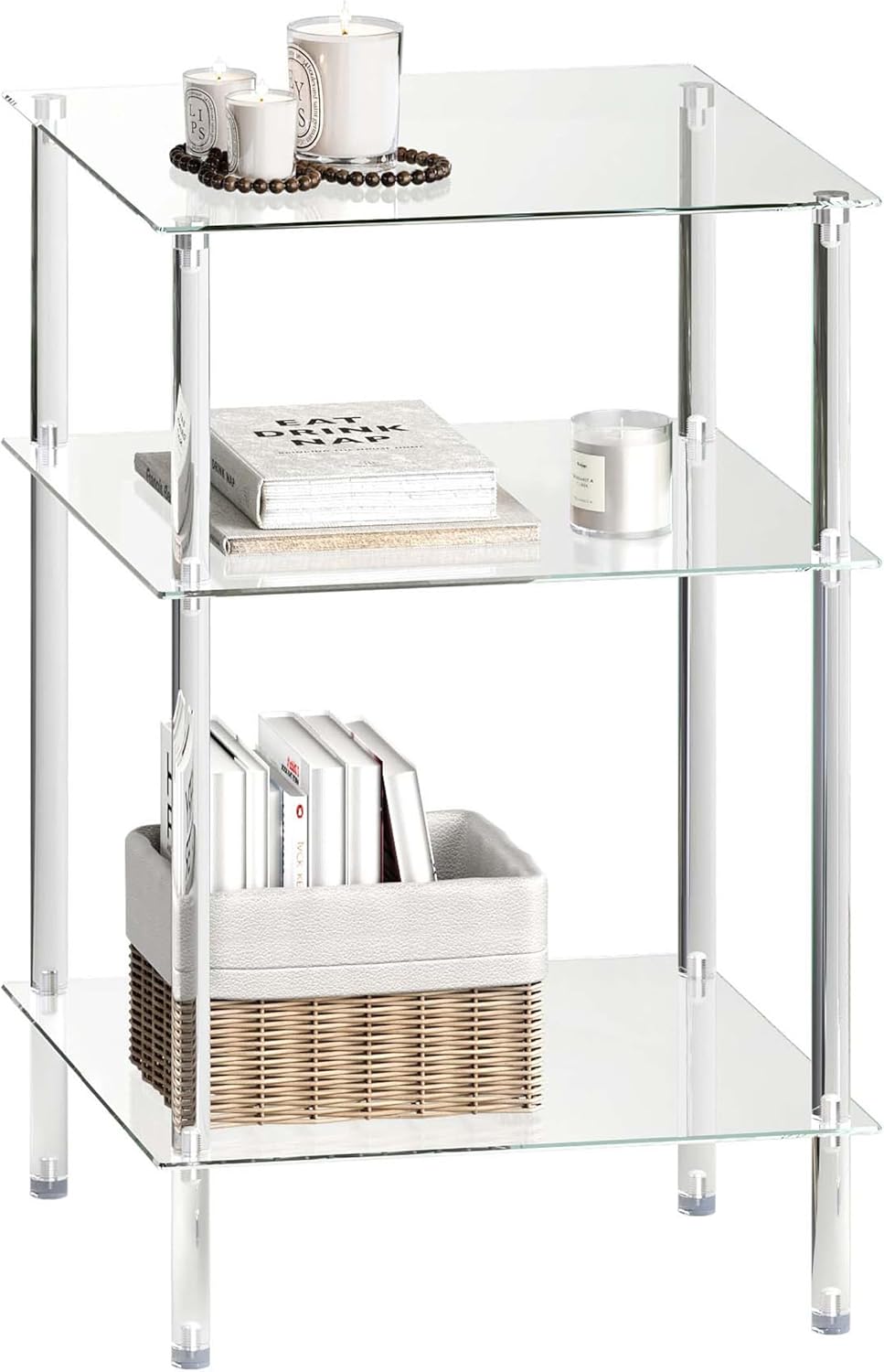 Moderner Beistelltisch Glas Eckig Transparenter Tisch mit 3 Ablagen Nachttisch Glastisch Side Table
