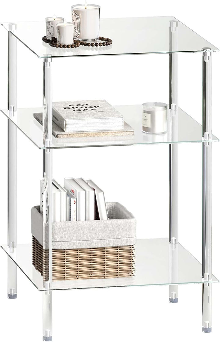 Moderner Beistelltisch Glas Eckig Transparenter Tisch mit 3 Ablagen Nachttisch Glastisch Side Table