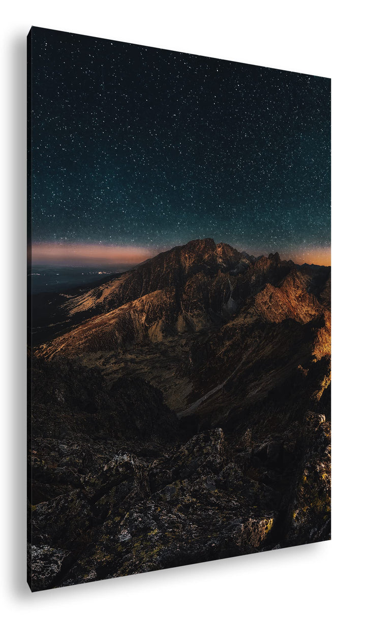 scheinende Nacht über den Bergen Format: 120x80 als Leinwandbild, Motiv fertig gerahmt auf Echtholzr