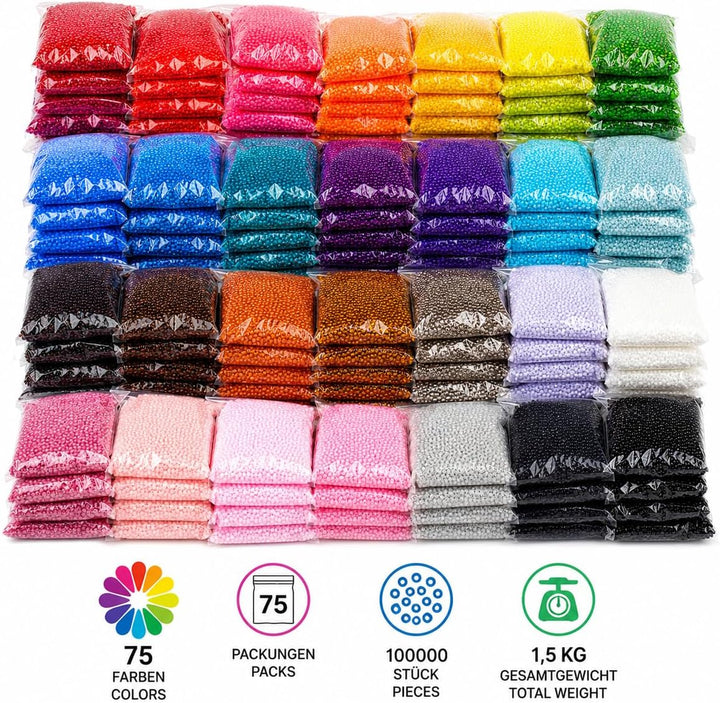 75 Farben Rocailles 2mm Perlen Set 75 Pack 75 Farben 1,5 Kilo Glasperlen Rund 11/0 100000stk POSTEN