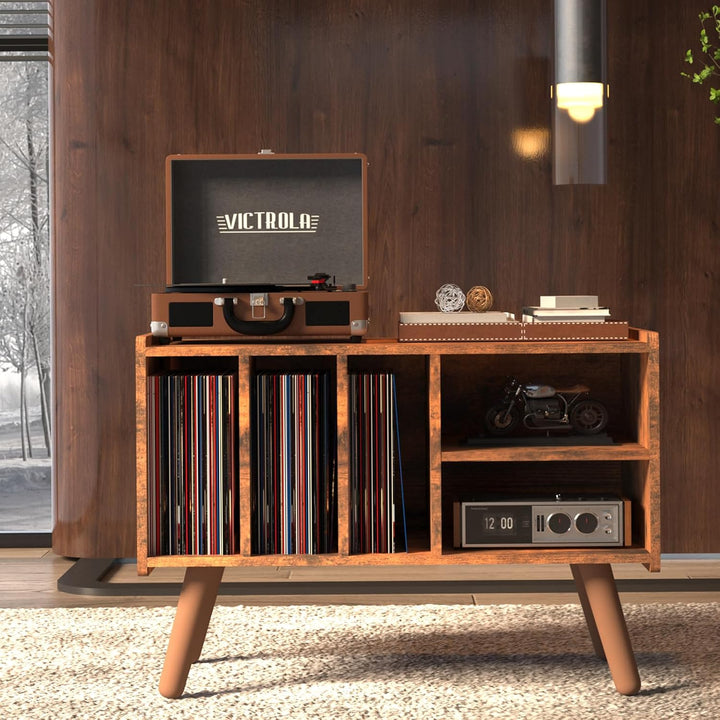 Record Player Stand with 4 Cabinet Holds Up to 220 Albums, Mid-Century Record Player Table, Black Vi