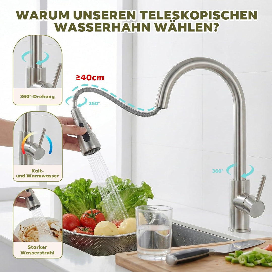Küchenarmatur mit 3 Modi, Ausziehbare Spülbrause, 360° Schwenkbar, Edelstahl Hochdruck-Wasserhahn mi