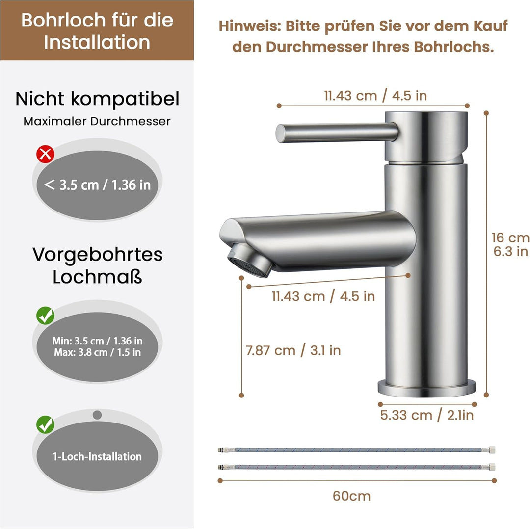 KPW Waschtischarmatur Edelstahl Gebürstet, Bad Wasserhahn mit 79mm Auslaufhöhe, Einhand-Mischbatteri