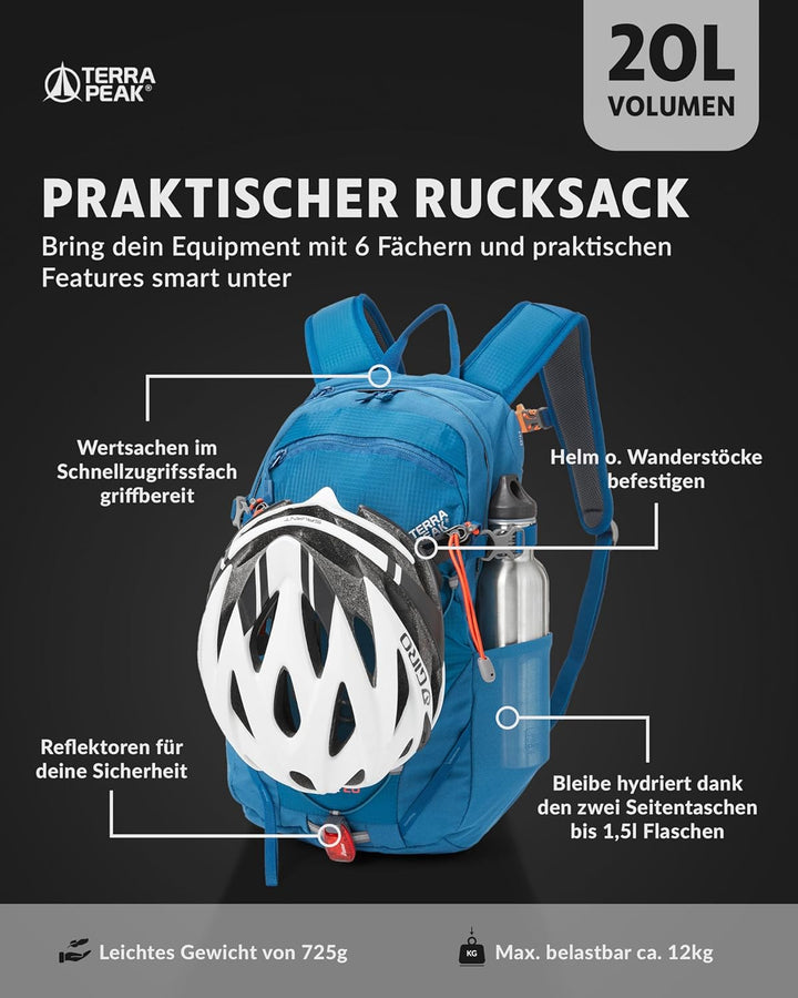 Terra Peak® Premium Wanderrucksack 20L (FLEX 20) klein mit Rückenbelüftung, Regenschutz & Trinksyste