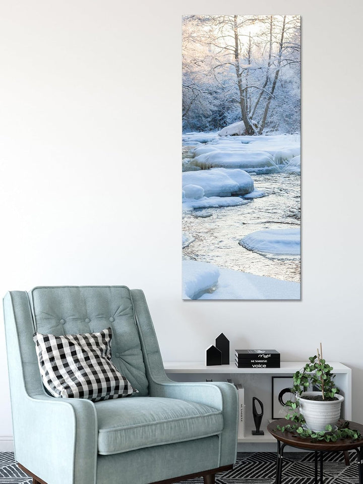 Pixxprint Glasbild Panorama, Wandbild aus Echtglas, Bach in Winterlandschaft, 100x40 cm, inkl. Aufhä
